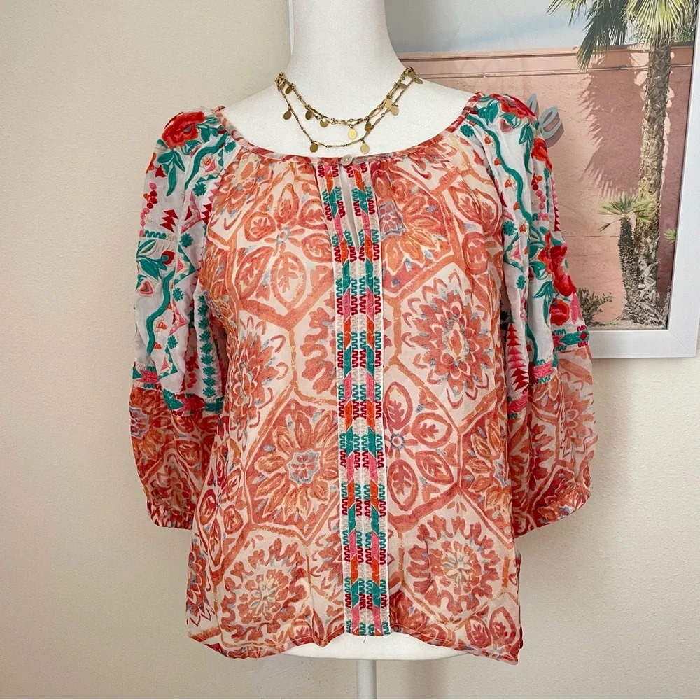 Sundance Tolani Marta Rose Folkloric Embroidered Puff Sleeve Blouse Top in XS